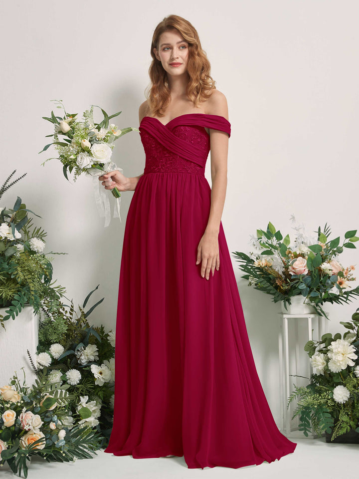 Carlyna Vestido de Línea A Hombros Caídos Hasta el Suelo Bordado Vestidos de Dama de Honor Rojo Bufón 