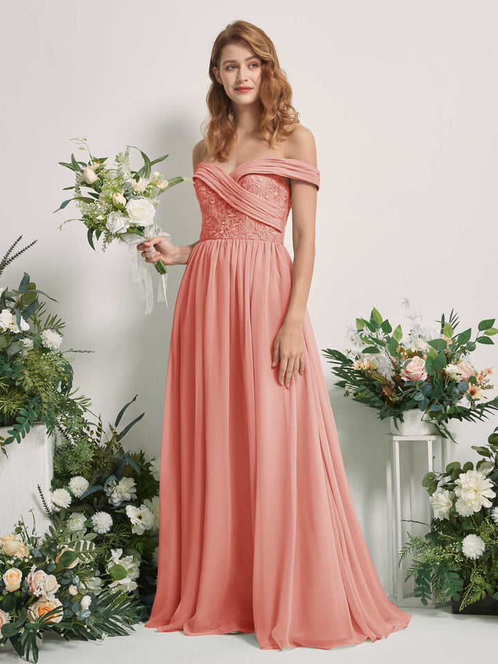 Carlyna Vestido de Línea A Hombros Caídos Hasta el Suelo Bordado Vestidos de Dama de Honor Rosa Champán 