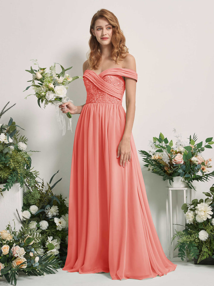 Carlyna Vestido de Línea A Hombros Caídos Hasta el Suelo Bordado Vestidos de Dama de Honor Rosa Melocotón 