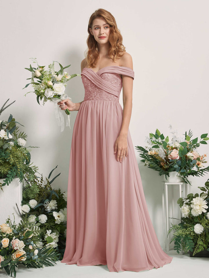 Carlyna Vestido de Línea A Hombros Caídos Hasta el Suelo Bordado Vestidos de Dama de Honor Rosa Polvorienta 