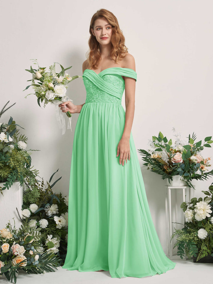 Carlyna Vestido de Línea A Hombros Caídos Hasta el Suelo Bordado Vestidos de Dama de Honor Verde Menta 