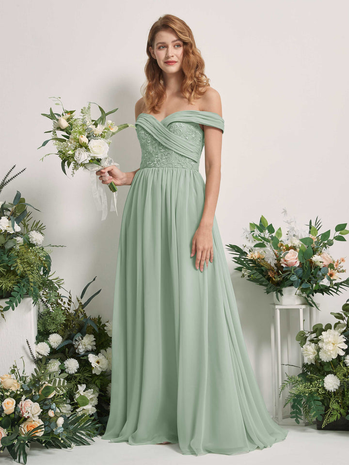 Carlyna Vestido de Línea A Hombros Caídos Hasta el Suelo Bordado Vestidos de Dama de Honor Verde Salvia 