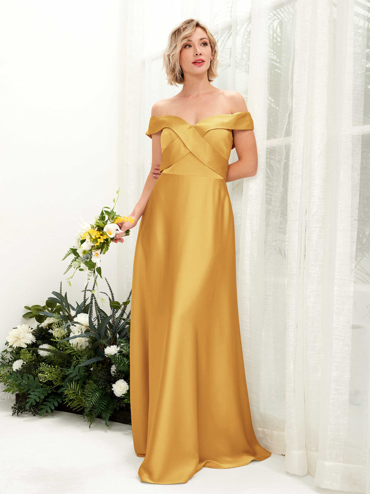 Carlyna Vestido de Línea A Hombros caídos hasta el suelo de satén Amarillo Canario 