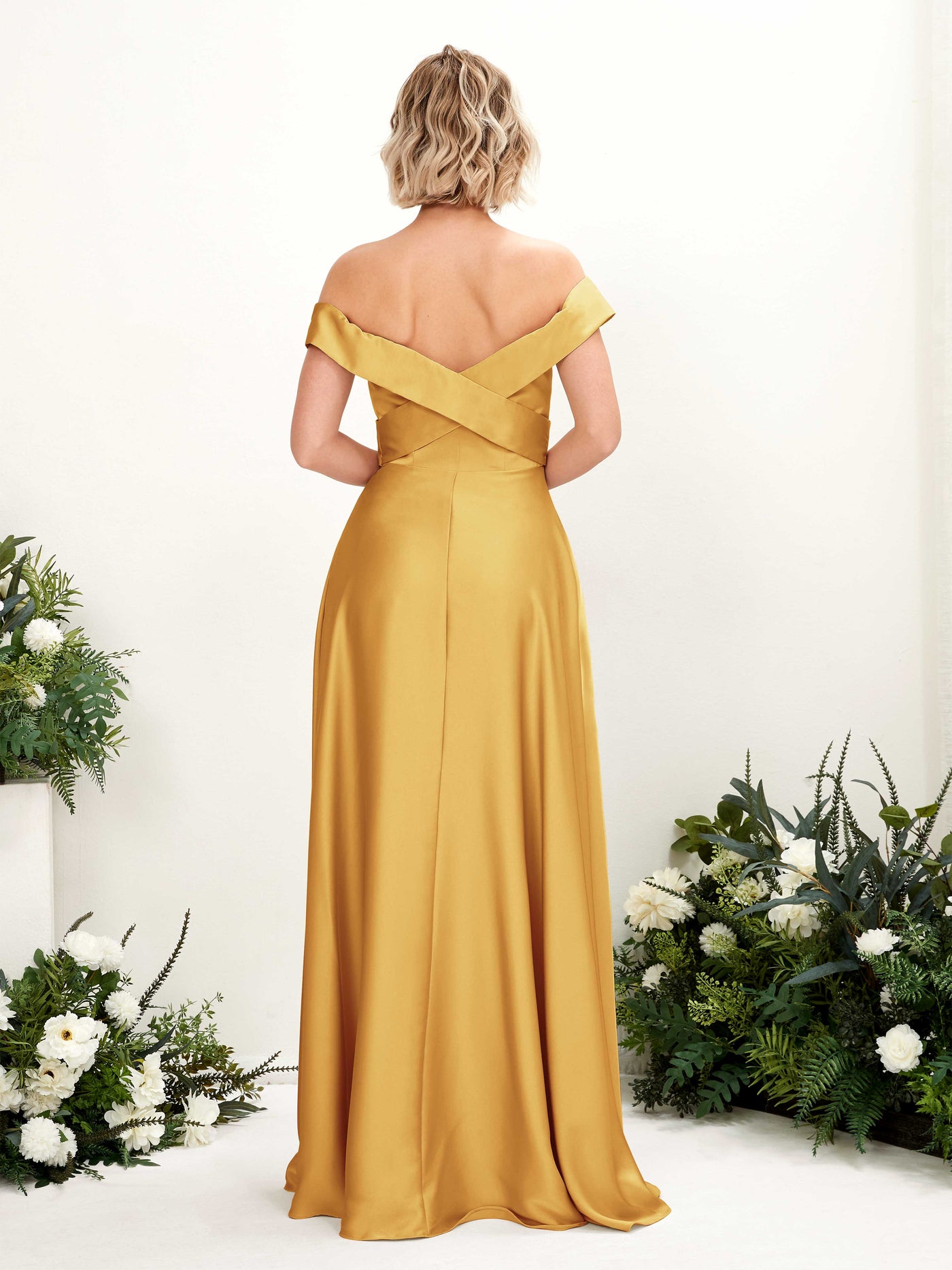 Carlyna Vestido de Línea A Hombros caídos hasta el suelo de satén Amarillo Canario #color_amarillo-canario