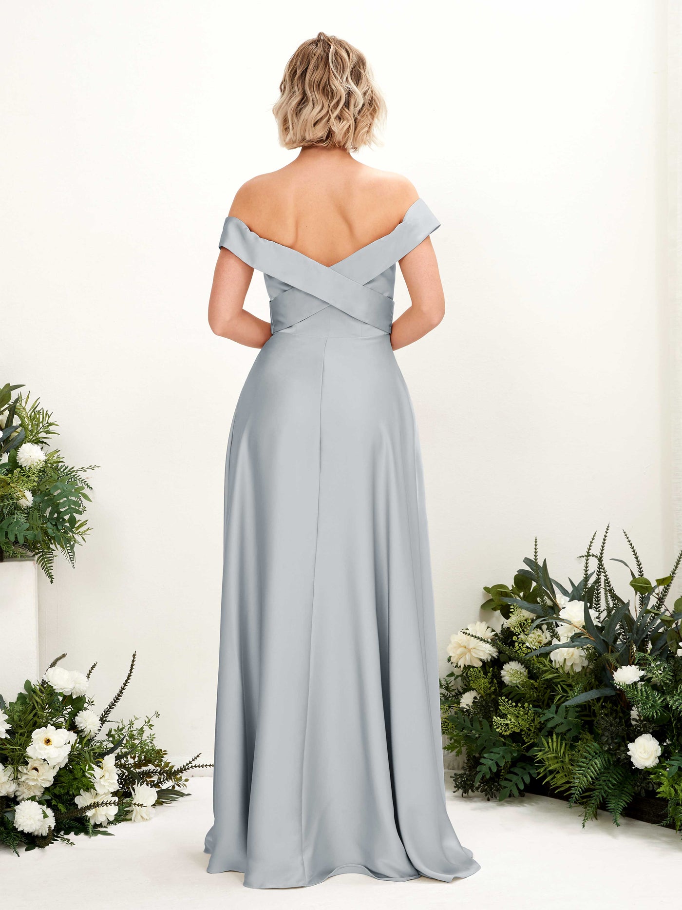 Carlyna Vestido de Línea A Hombros caídos hasta el suelo de satén Azul Bebé #color_azul-beb