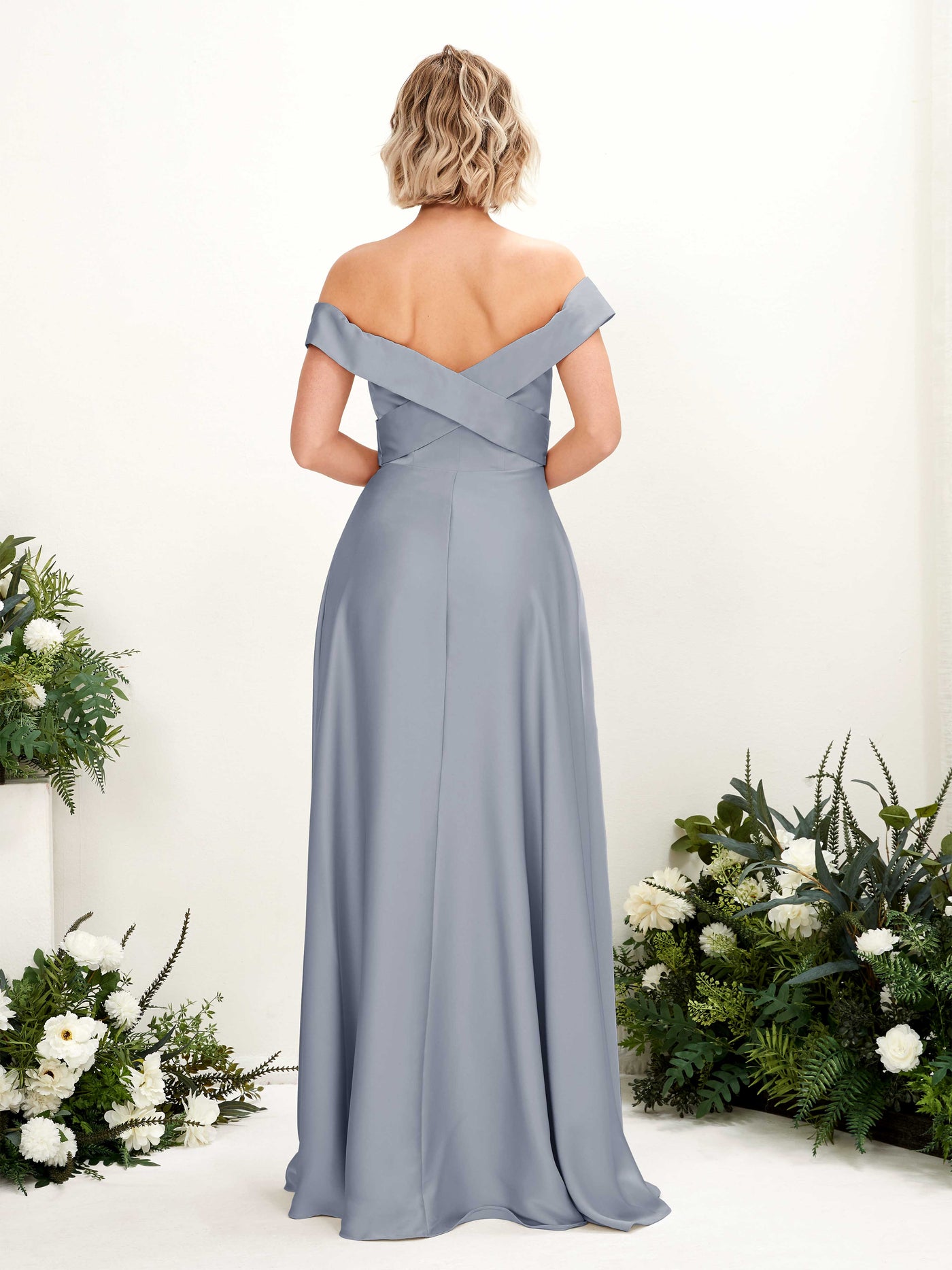 Carlyna Vestido de Línea A Hombros caídos hasta el suelo de satén Azul Polvoriento #color_azul-polvoriento