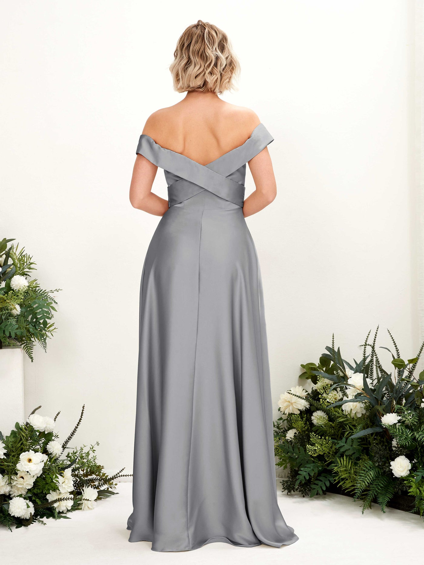 Carlyna Vestido de Línea A Hombros caídos hasta el suelo de satén Gris Acero #color_gris-acero