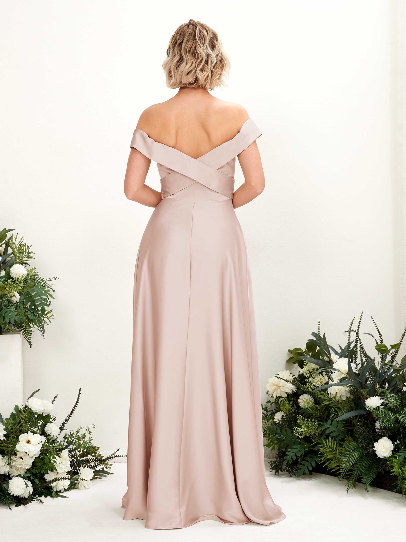 Carlyna Vestido de Línea A Hombros caídos hasta el suelo de satén Rosa Perla #color_rosa-perla