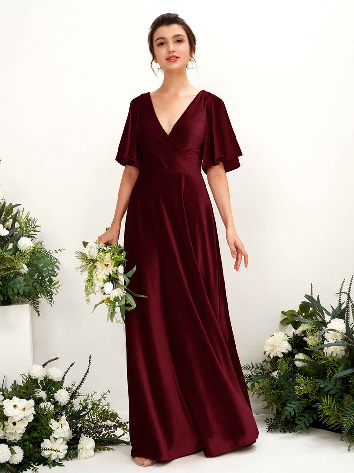 Carlyna Vestido hasta el suelo escote cruzado manga con vuelo terciopelo dama de honor Borgoña 