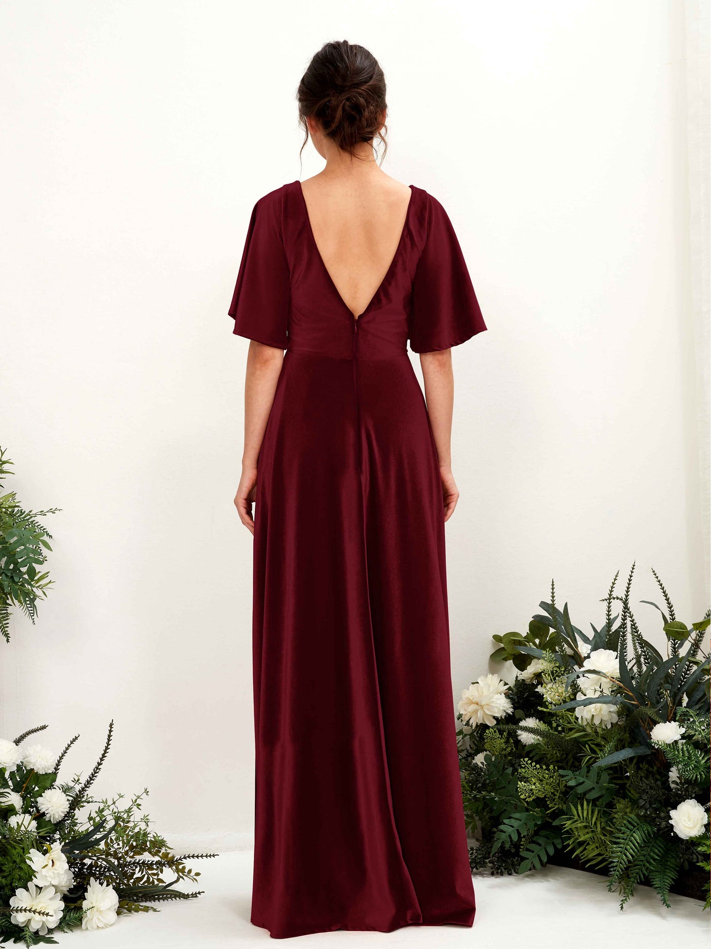 Carlyna Vestido hasta el suelo escote cruzado manga con vuelo terciopelo dama de honor Borgoña #color_borgo-a
