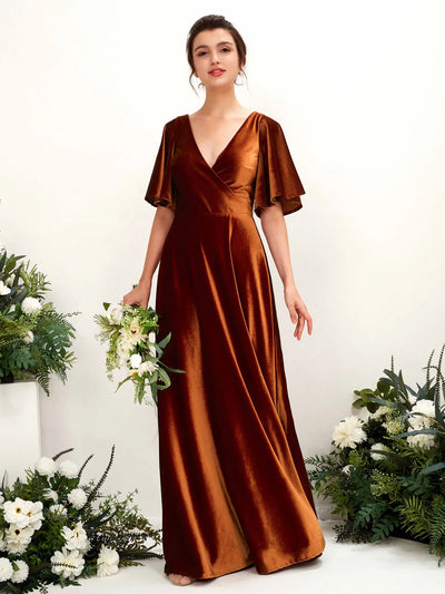 Carlyna Vestido hasta el suelo escote cruzado manga con vuelo terciopelo dama de honor Naranja Burant #color_naranja-burant