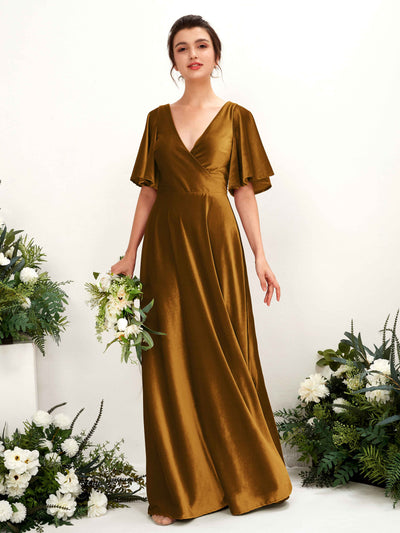 Carlyna Vestido hasta el suelo escote cruzado manga con vuelo terciopelo dama de honor Oro Bruñido #color_oro-bru-ido