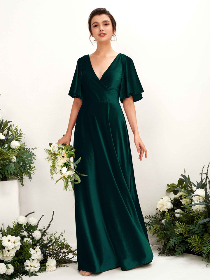 Carlyna Vestido hasta el suelo escote cruzado manga con vuelo terciopelo dama de honor Verde Militer 