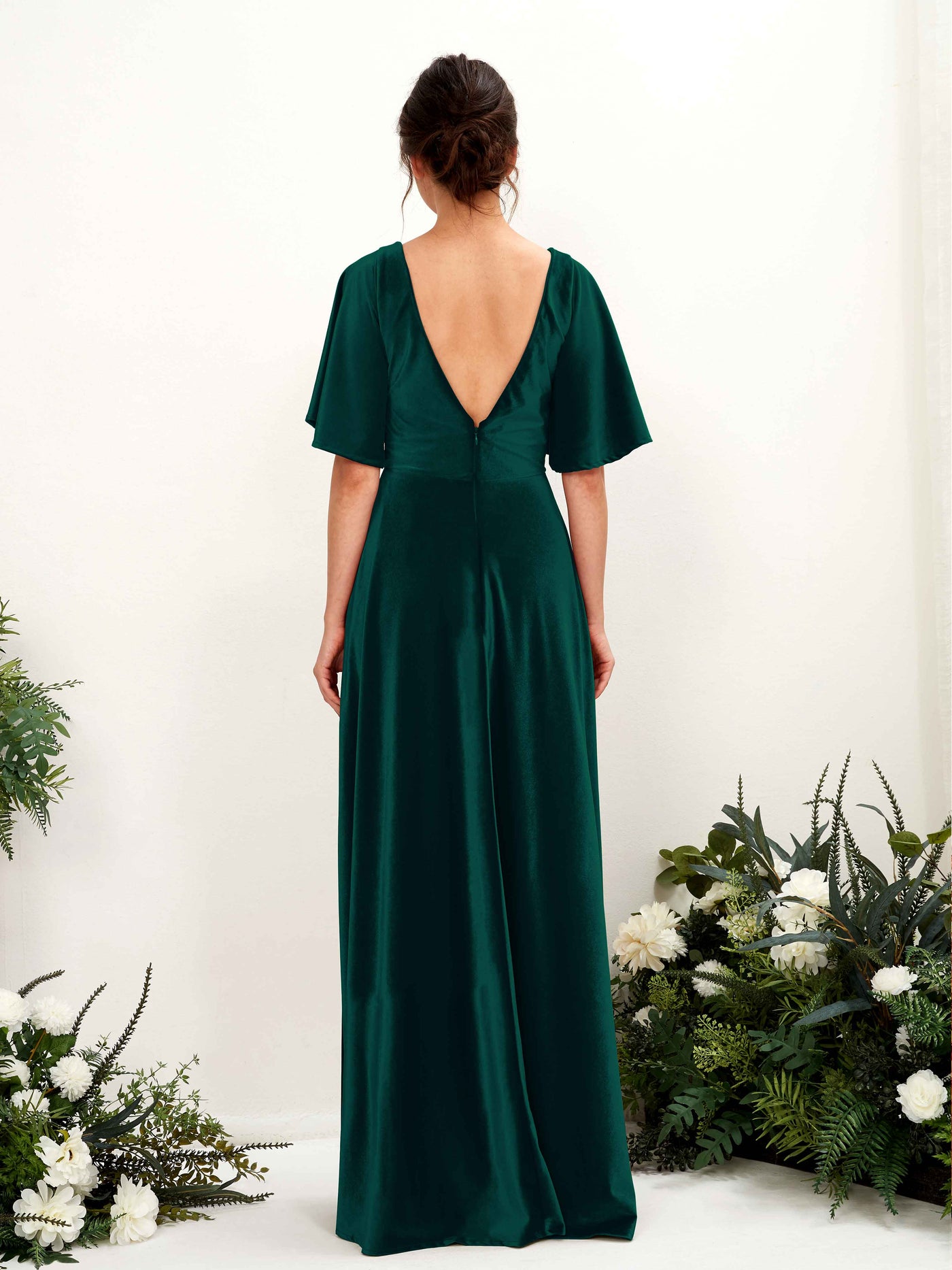Carlyna Vestido hasta el suelo escote cruzado manga con vuelo terciopelo dama de honor Verde Militer #color_verde-militer