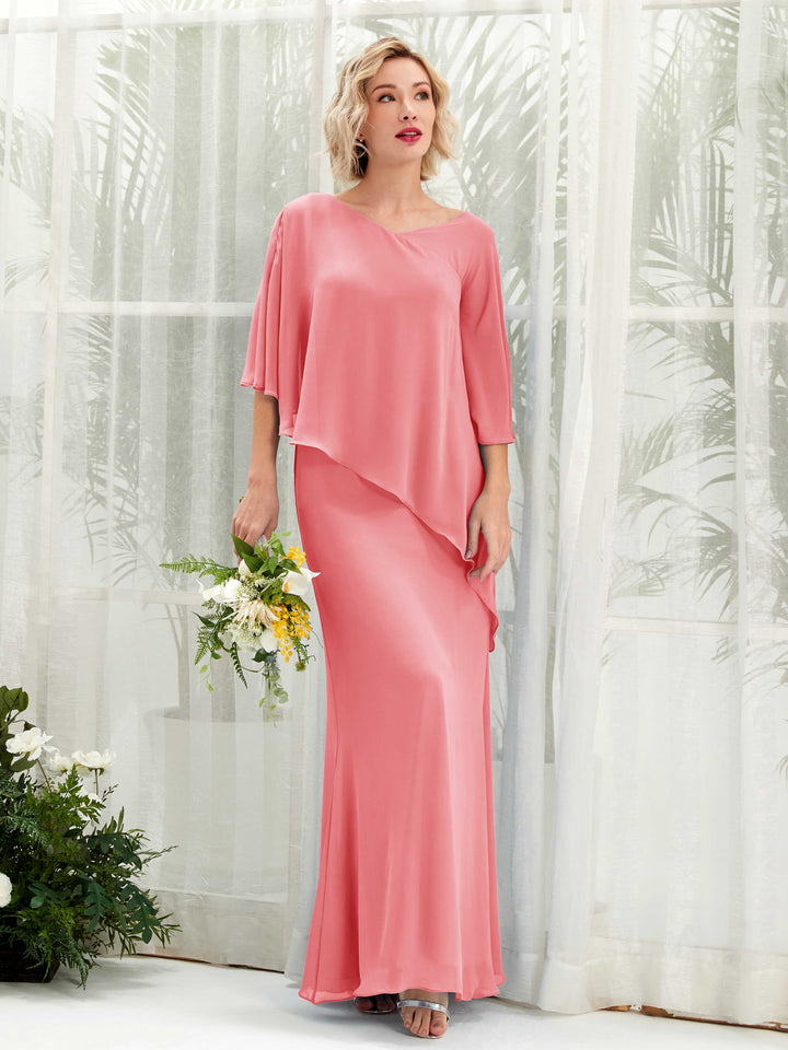 Carlyna Vestido línea A asimétrico capa damas de honor Rosa Coral 
