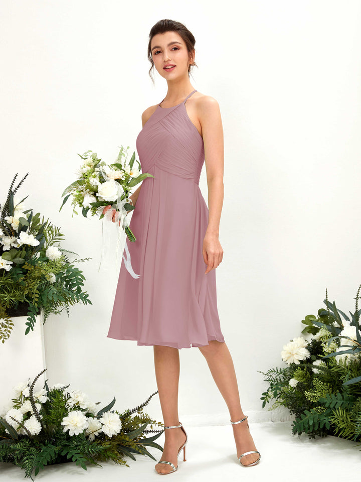 Carlyna Vestido línea A con cuello redondo gasa hasta la rodilla vestido de dama de honor Malva Clásico 