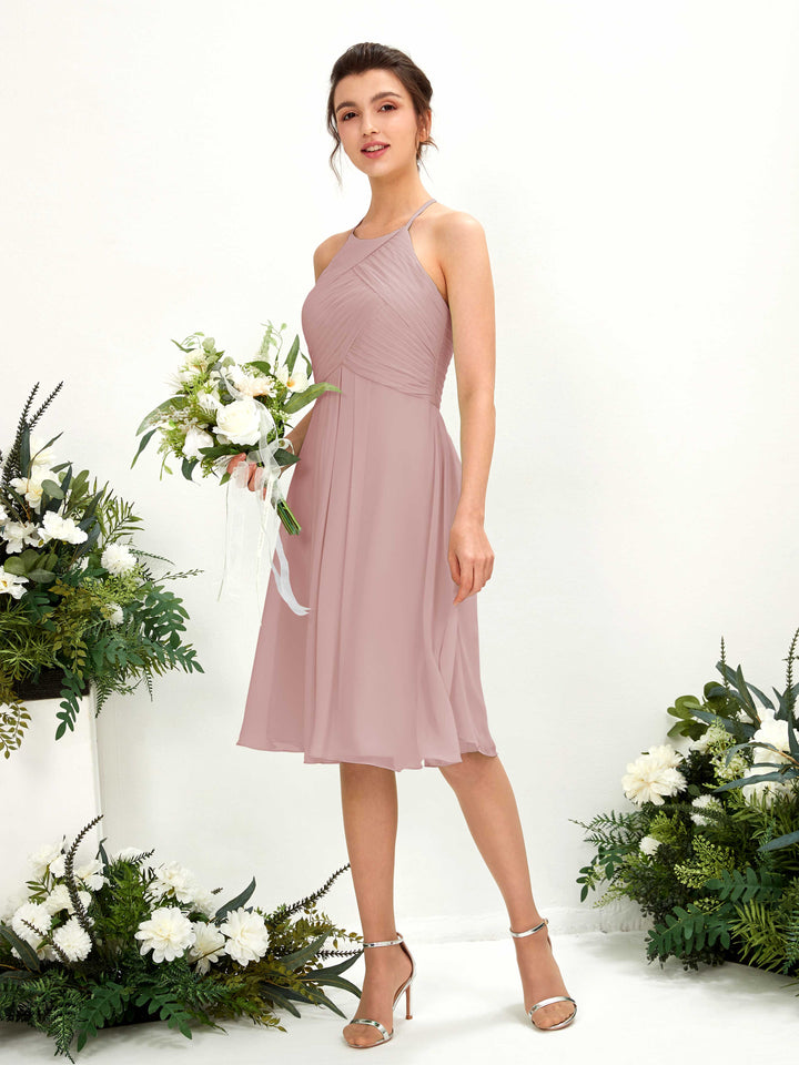 Carlyna Vestido línea A con cuello redondo gasa hasta la rodilla vestido de dama de honor Rosa Polvorienta 