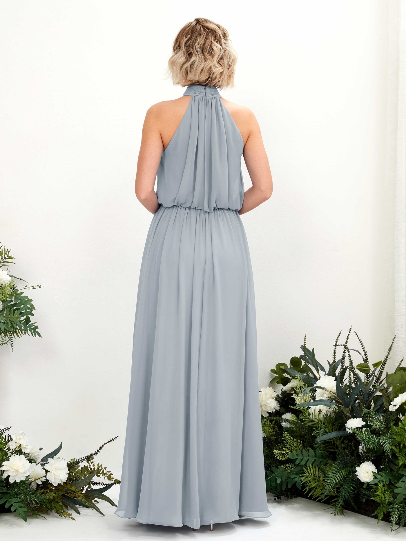 Carlyna Vestido línea A con cuello redondo hasta el suelo de gasa vestidos de dama de honor Azul Empolvado Mejorado #color_azul-empolvado-mejorado