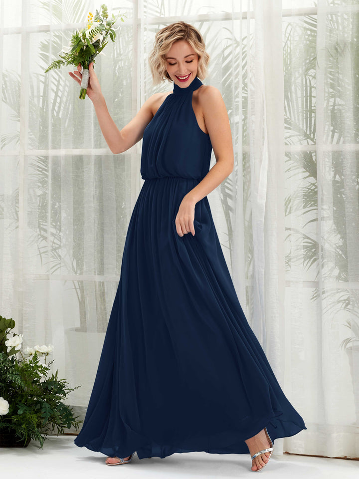Carlyna Vestido línea A con cuello redondo hasta el suelo de gasa vestidos de dama de honor Azul Marino 
