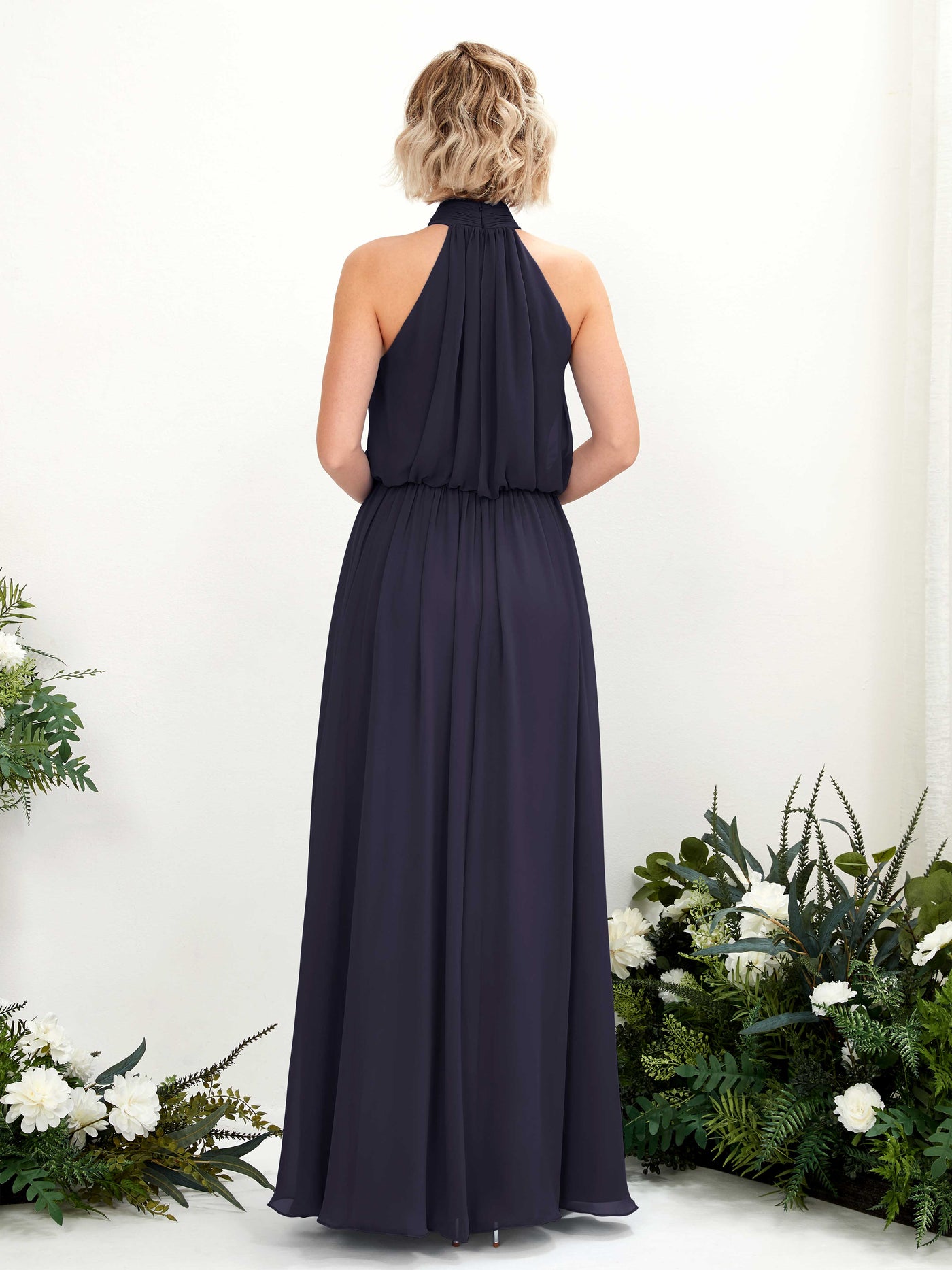 Carlyna Vestido línea A con cuello redondo hasta el suelo de gasa vestidos de dama de honor Azul Marino Oscuro #color_azul-marino-oscuro