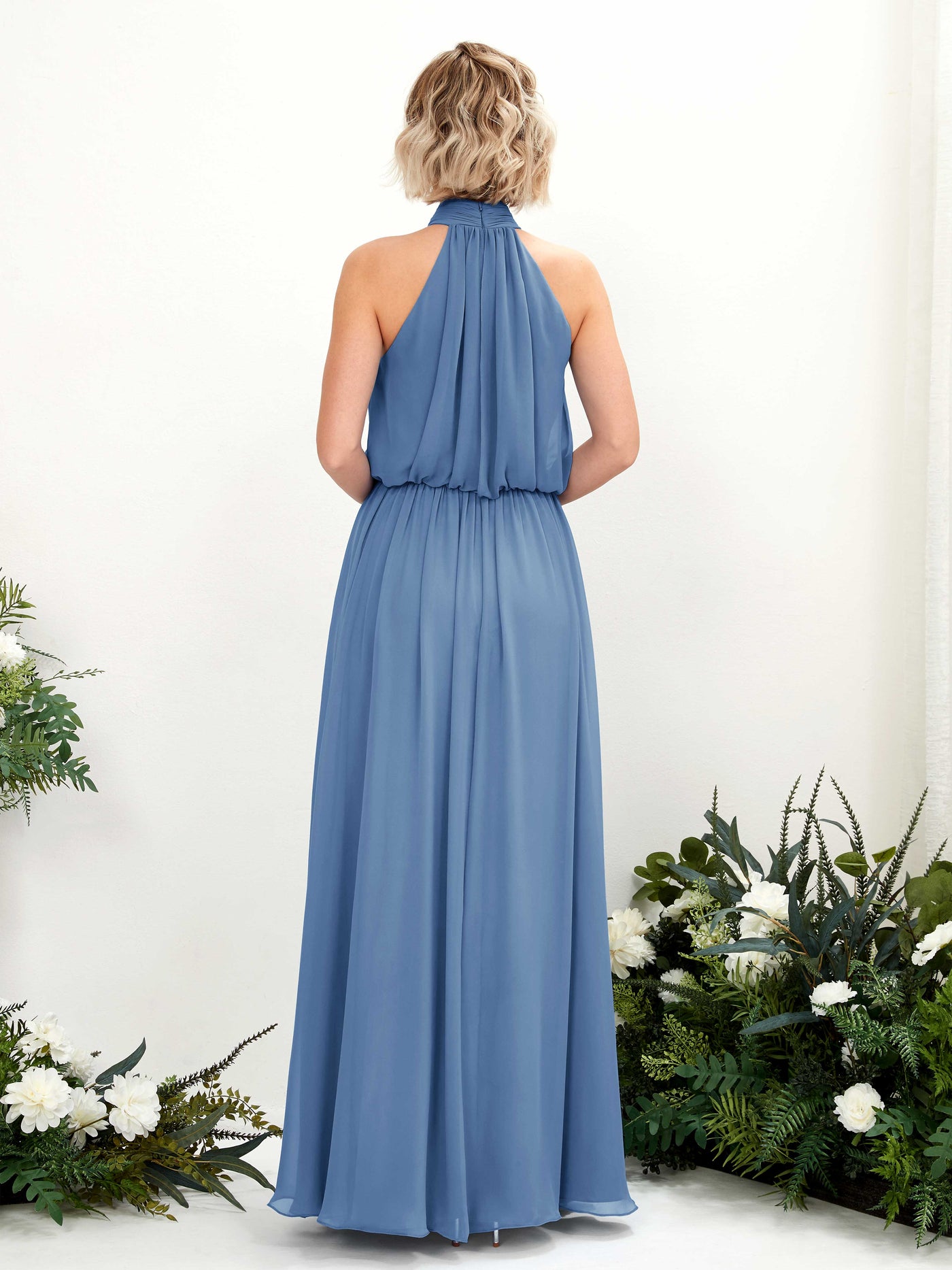 Carlyna Vestido línea A con cuello redondo hasta el suelo de gasa vestidos de dama de honor Azul polvoriento #color_azul-polvoriento