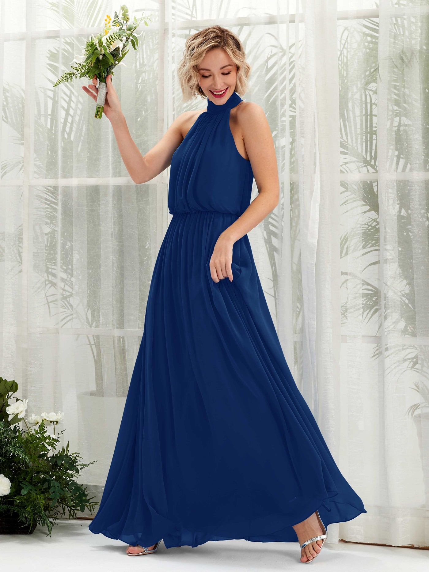 Carlyna Vestido línea A con cuello redondo hasta el suelo de gasa vestidos de dama de honor Azul Real #color_azul-real