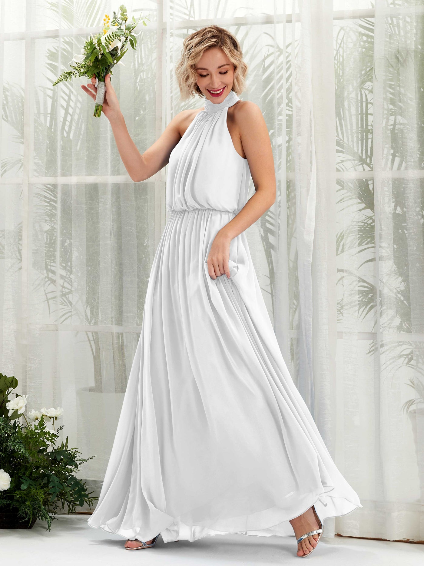 Carlyna Vestido línea A con cuello redondo hasta el suelo de gasa vestidos de dama de honor Blanco #color_blanco