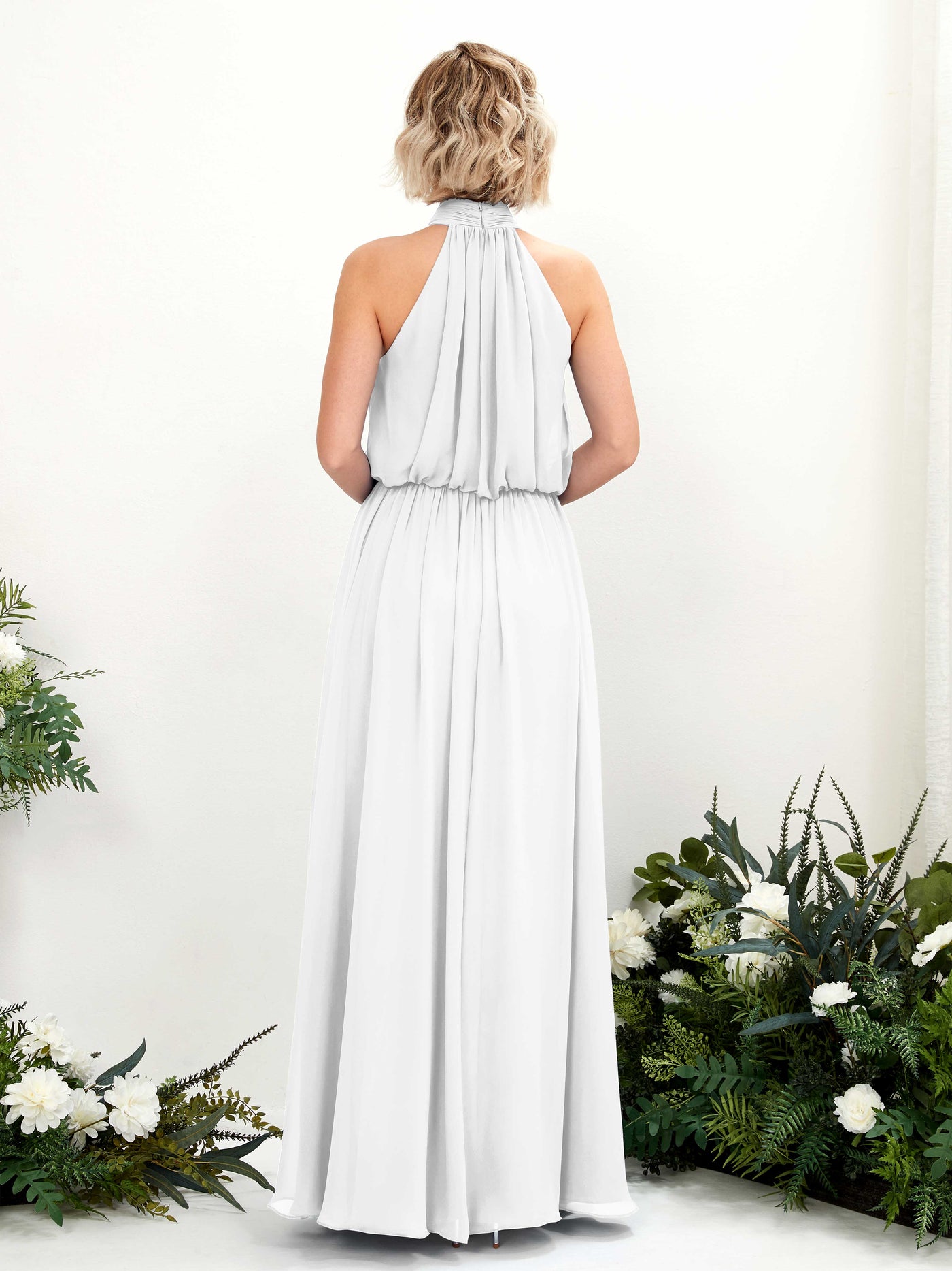 Carlyna Vestido línea A con cuello redondo hasta el suelo de gasa vestidos de dama de honor Blanco #color_blanco