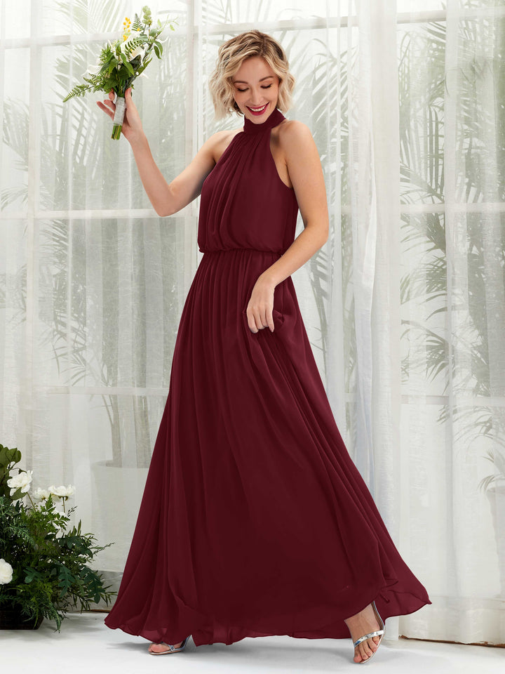 Carlyna Vestido línea A con cuello redondo hasta el suelo de gasa vestidos de dama de honor Borgoña 