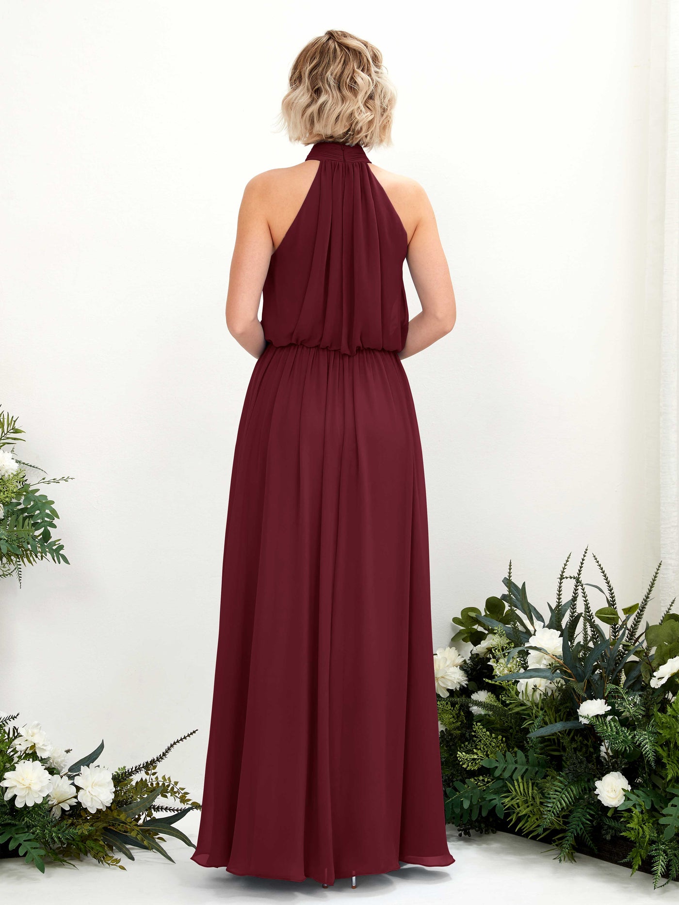Carlyna Vestido línea A con cuello redondo hasta el suelo de gasa vestidos de dama de honor Borgoña #color_borgo-a