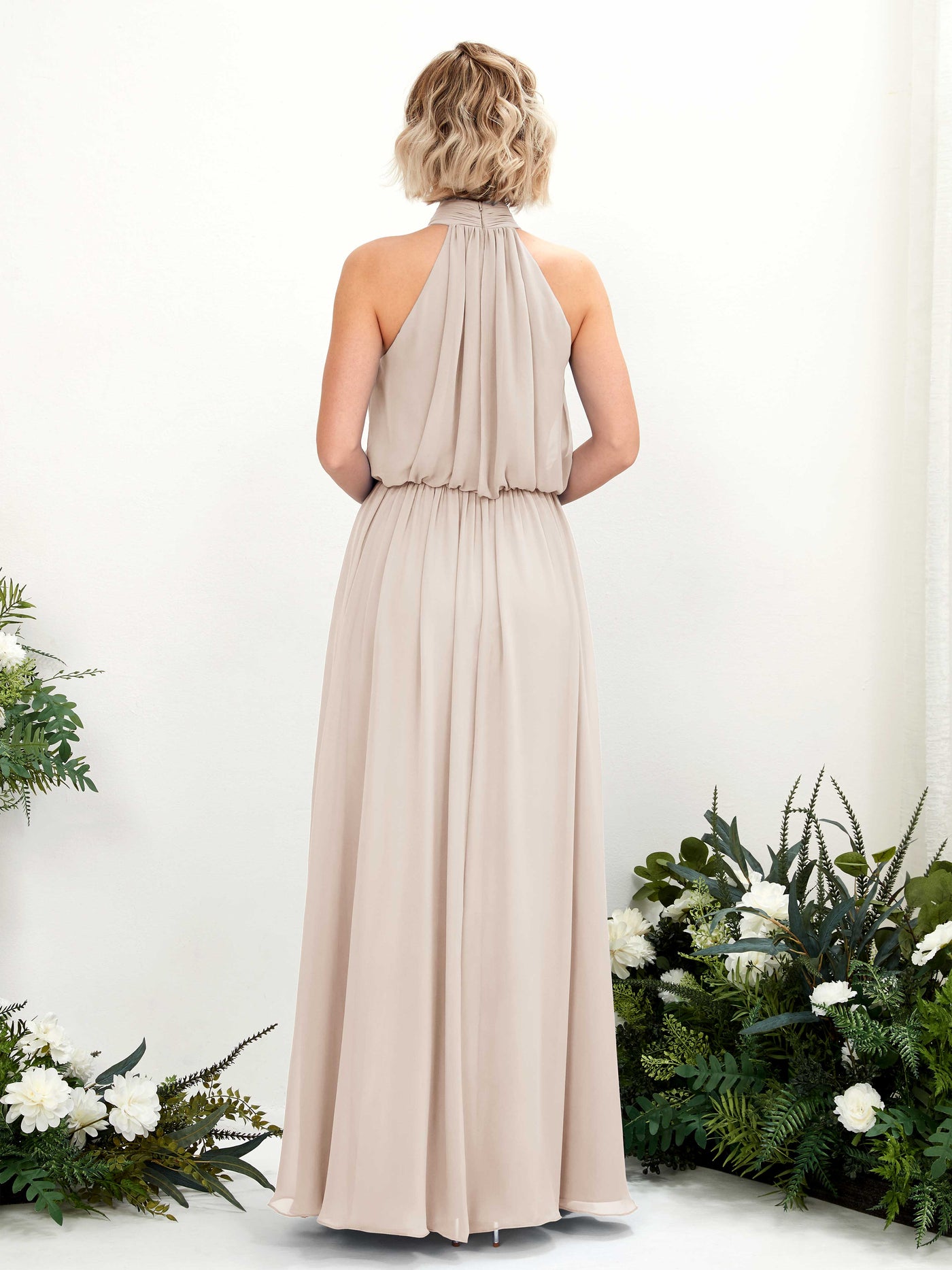 Carlyna Vestido línea A con cuello redondo hasta el suelo de gasa vestidos de dama de honor Champán #color_champ-n