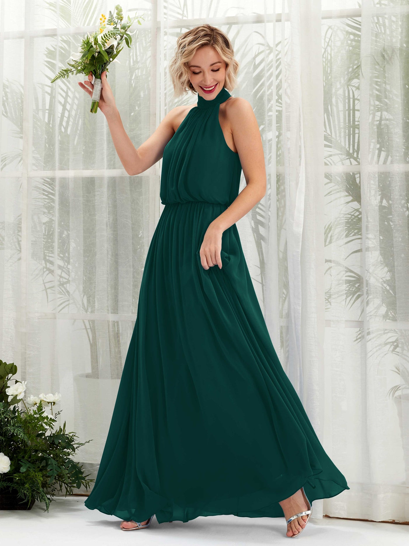 Carlyna Vestido línea A con cuello redondo hasta el suelo de gasa vestidos de dama de honor Esmeralda Oscuro #color_esmeralda-oscuro
