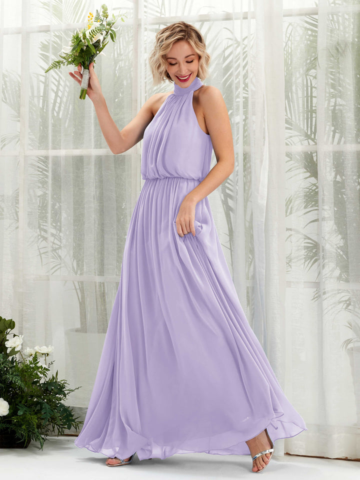 Carlyna Vestido línea A con cuello redondo hasta el suelo de gasa vestidos de dama de honor Lila 