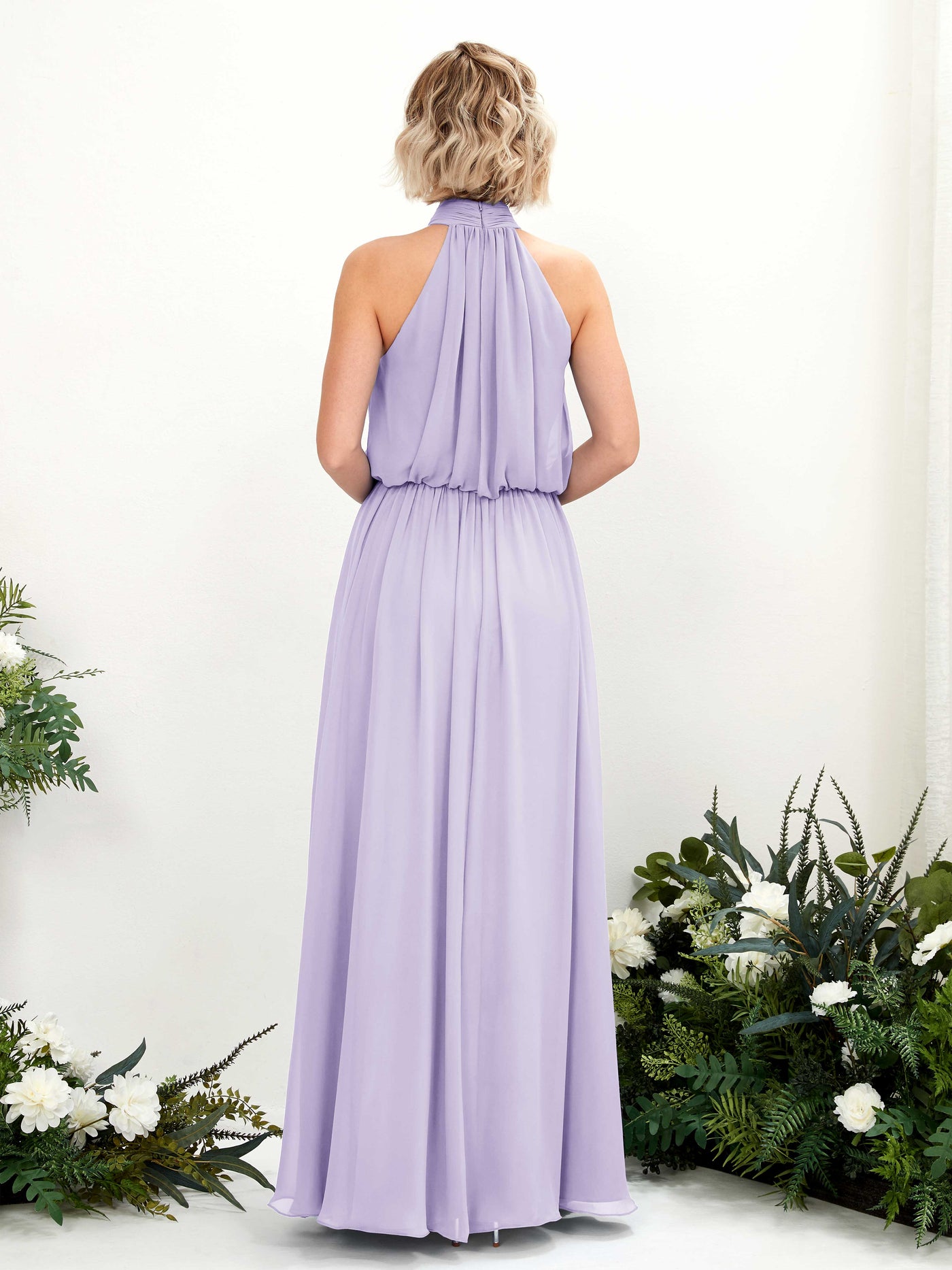 Carlyna Vestido línea A con cuello redondo hasta el suelo de gasa vestidos de dama de honor Lila #color_lila