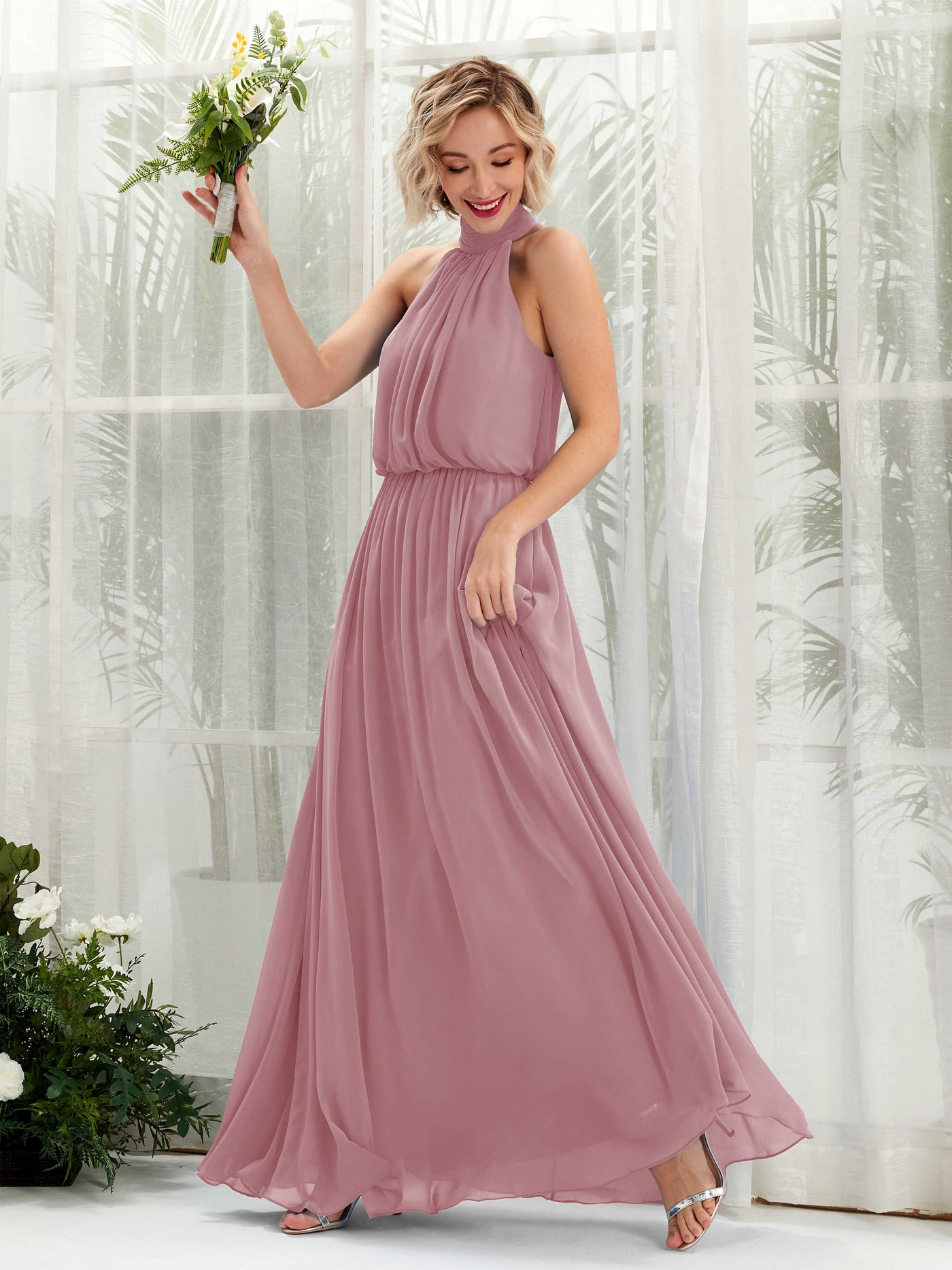 Carlyna Vestido línea A con cuello redondo hasta el suelo de gasa vestidos de dama de honor Malva Clásico #color_malva-cl-sico