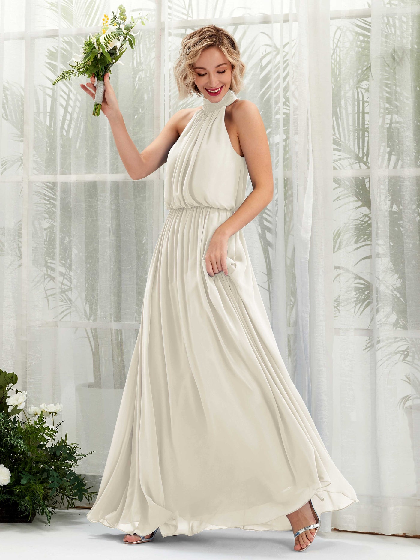 Carlyna Vestido línea A con cuello redondo hasta el suelo de gasa vestidos de dama de honor Marfil #color_marfil