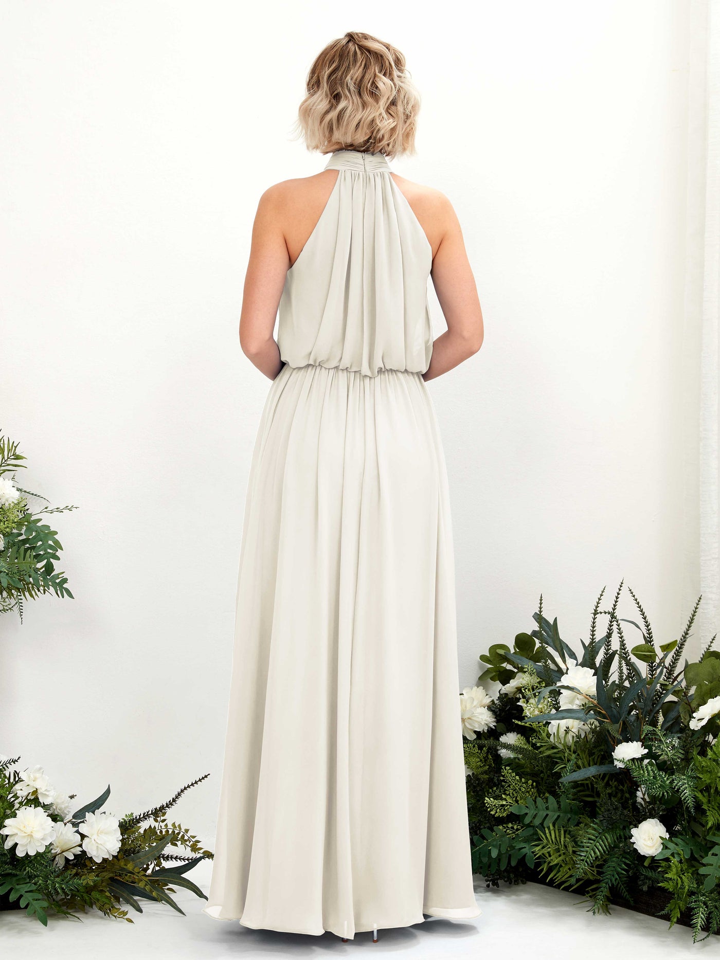 Carlyna Vestido línea A con cuello redondo hasta el suelo de gasa vestidos de dama de honor Marfil #color_marfil