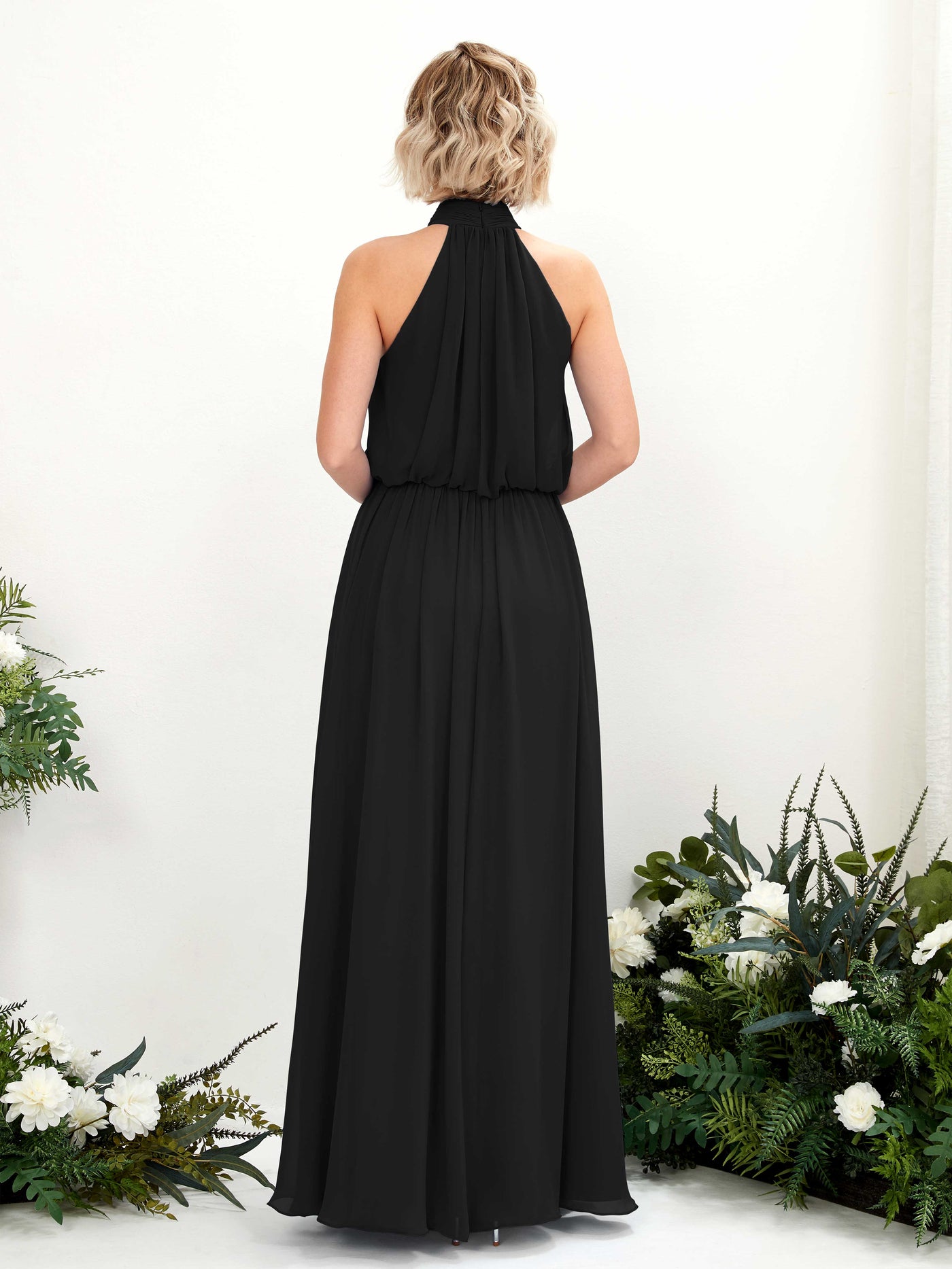 Carlyna Vestido línea A con cuello redondo hasta el suelo de gasa vestidos de dama de honor Negro #color_negro