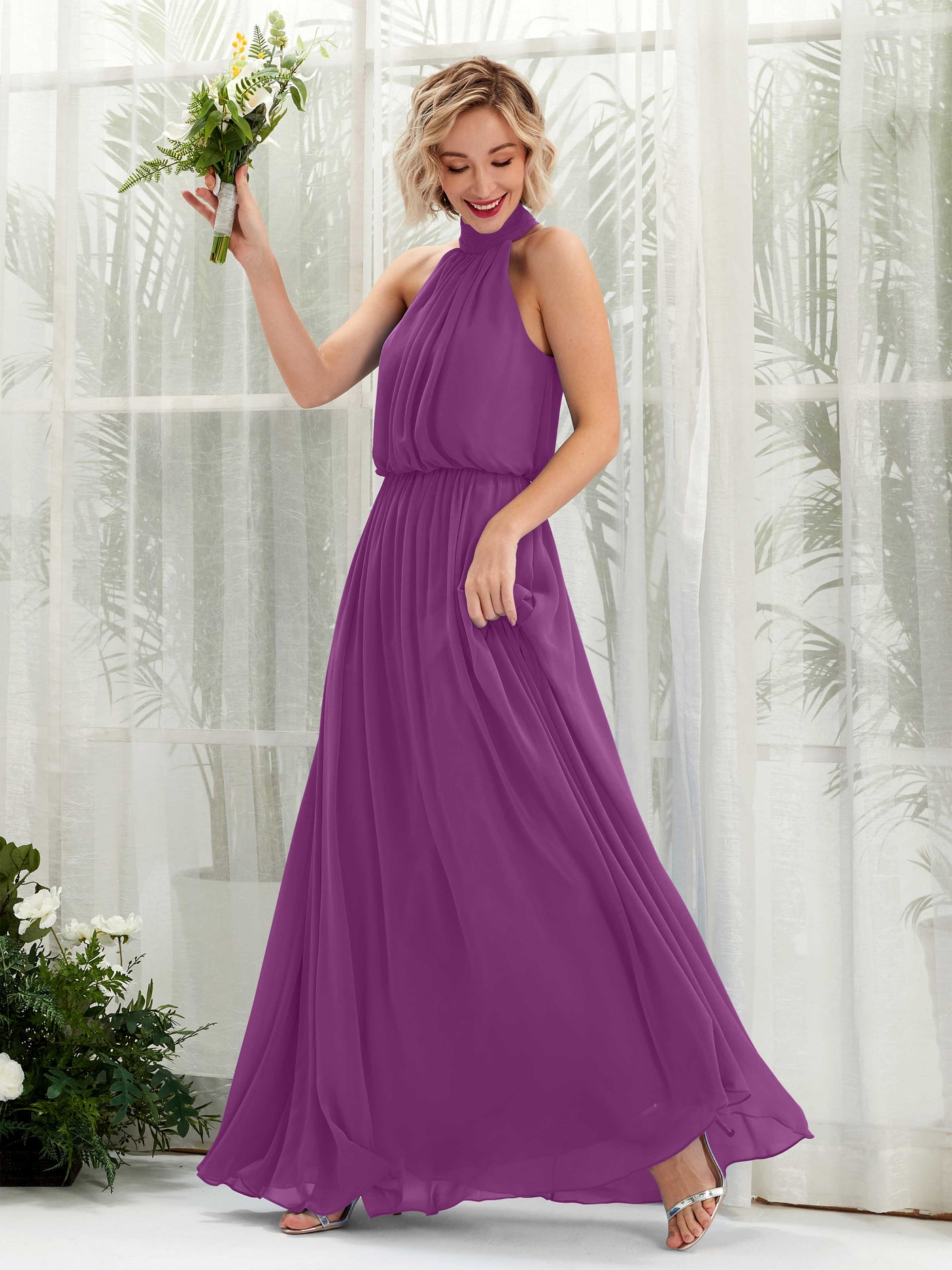 Carlyna Vestido línea A con cuello redondo hasta el suelo de gasa vestidos de dama de honor Púrpura #color_p-rpura