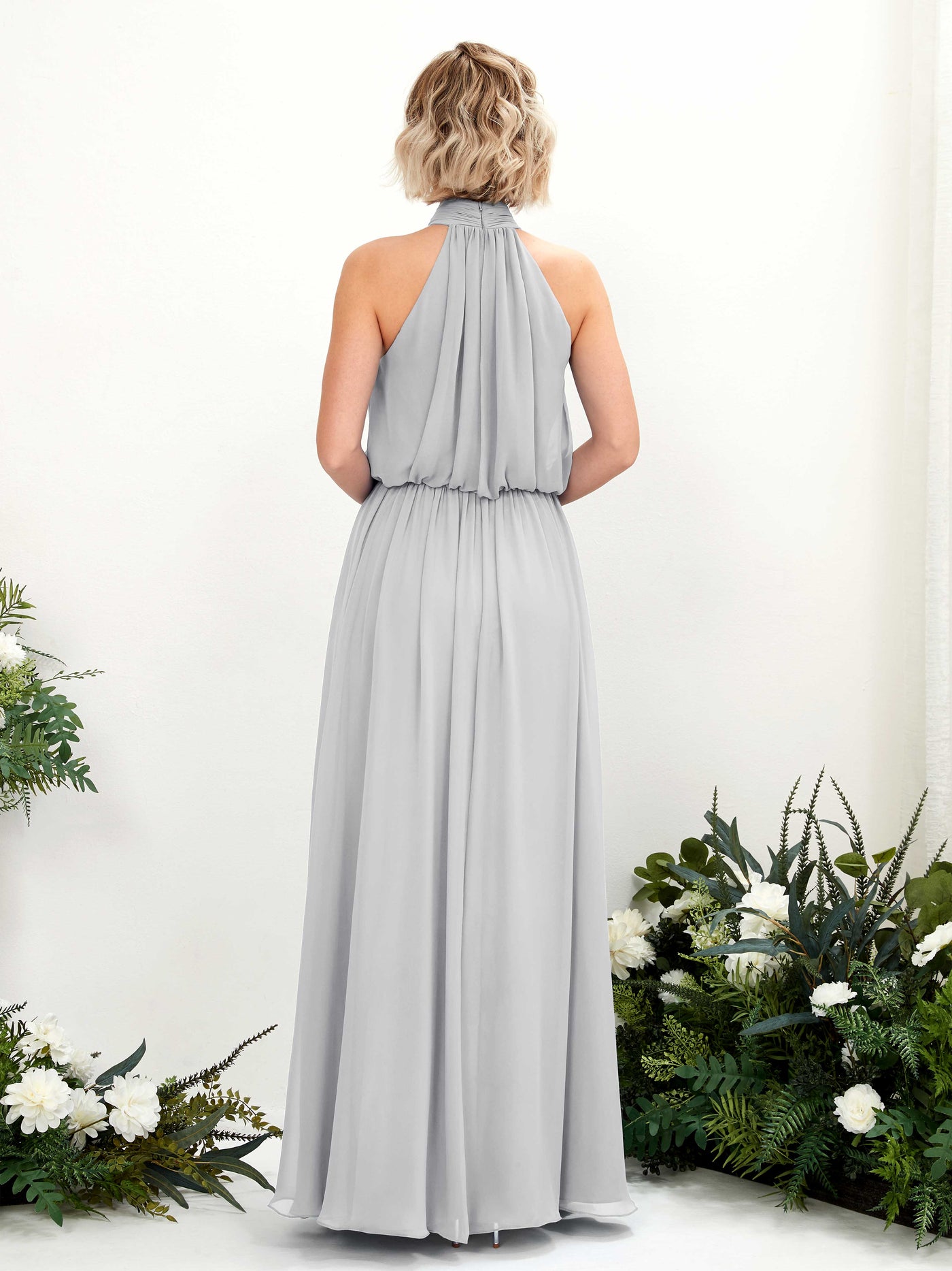 Carlyna Vestido línea A con cuello redondo hasta el suelo de gasa vestidos de dama de honor Plata #color_plata