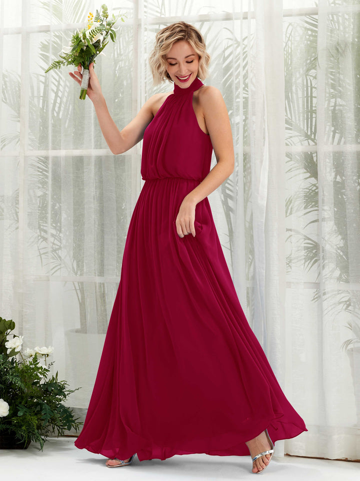 Carlyna Vestido línea A con cuello redondo hasta el suelo de gasa vestidos de dama de honor Rojo Bufón 