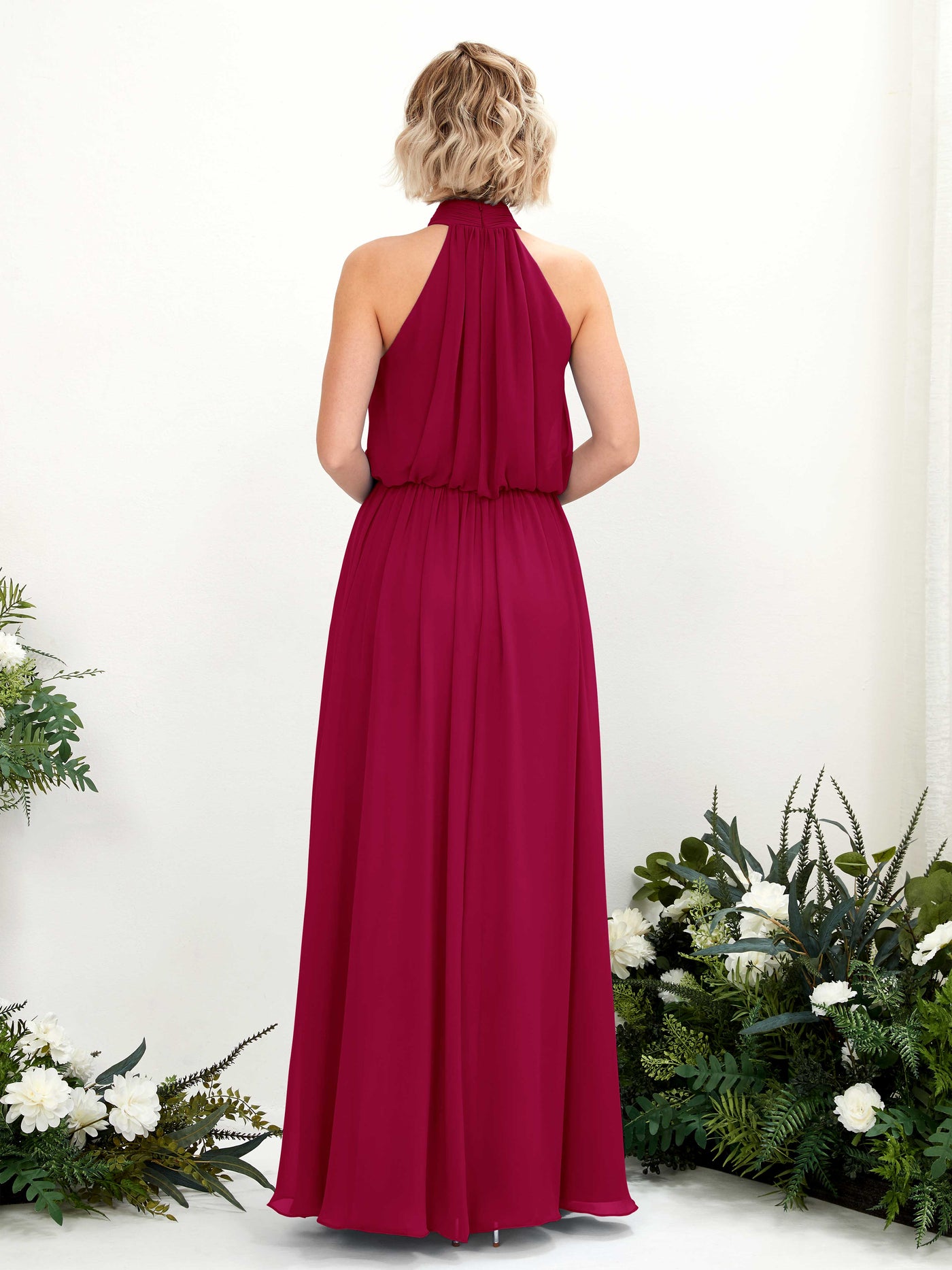 Carlyna Vestido línea A con cuello redondo hasta el suelo de gasa vestidos de dama de honor Rojo Bufón #color_rojo-buf-n