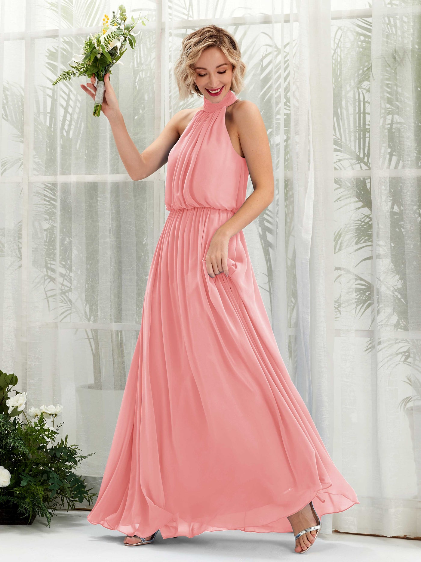 Carlyna Vestido línea A con cuello redondo hasta el suelo de gasa vestidos de dama de honor Rosa Ballet #color_rosa-ballet