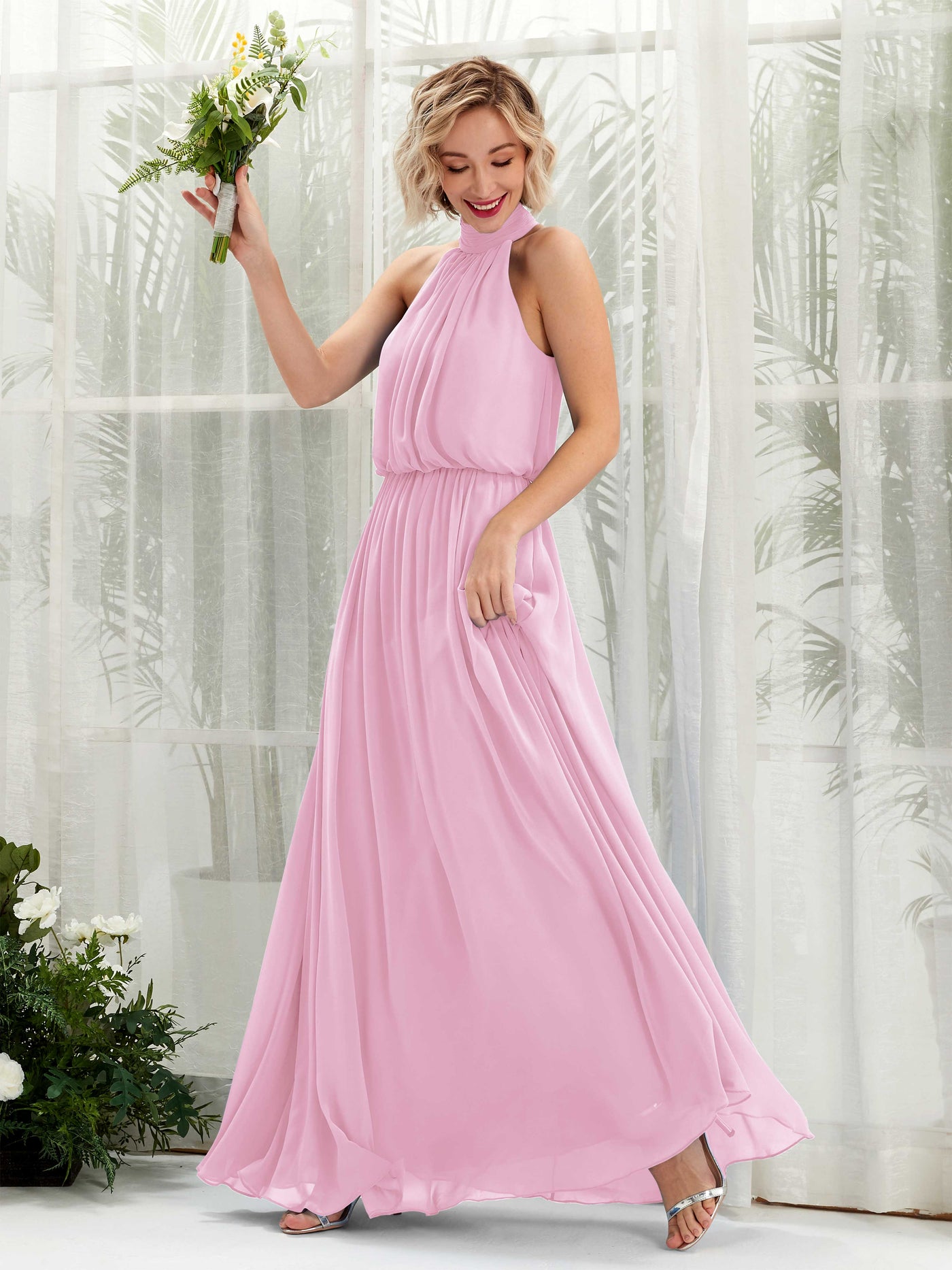 Carlyna Vestido línea A con cuello redondo hasta el suelo de gasa vestidos de dama de honor Rosa Caramelo #color_rosa-caramelo
