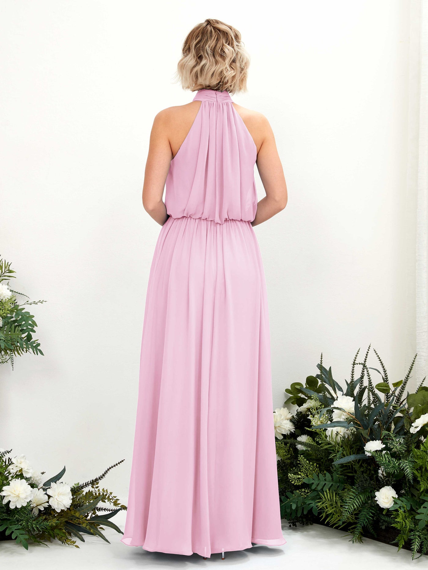 Carlyna Vestido línea A con cuello redondo hasta el suelo de gasa vestidos de dama de honor Rosa Caramelo #color_rosa-caramelo