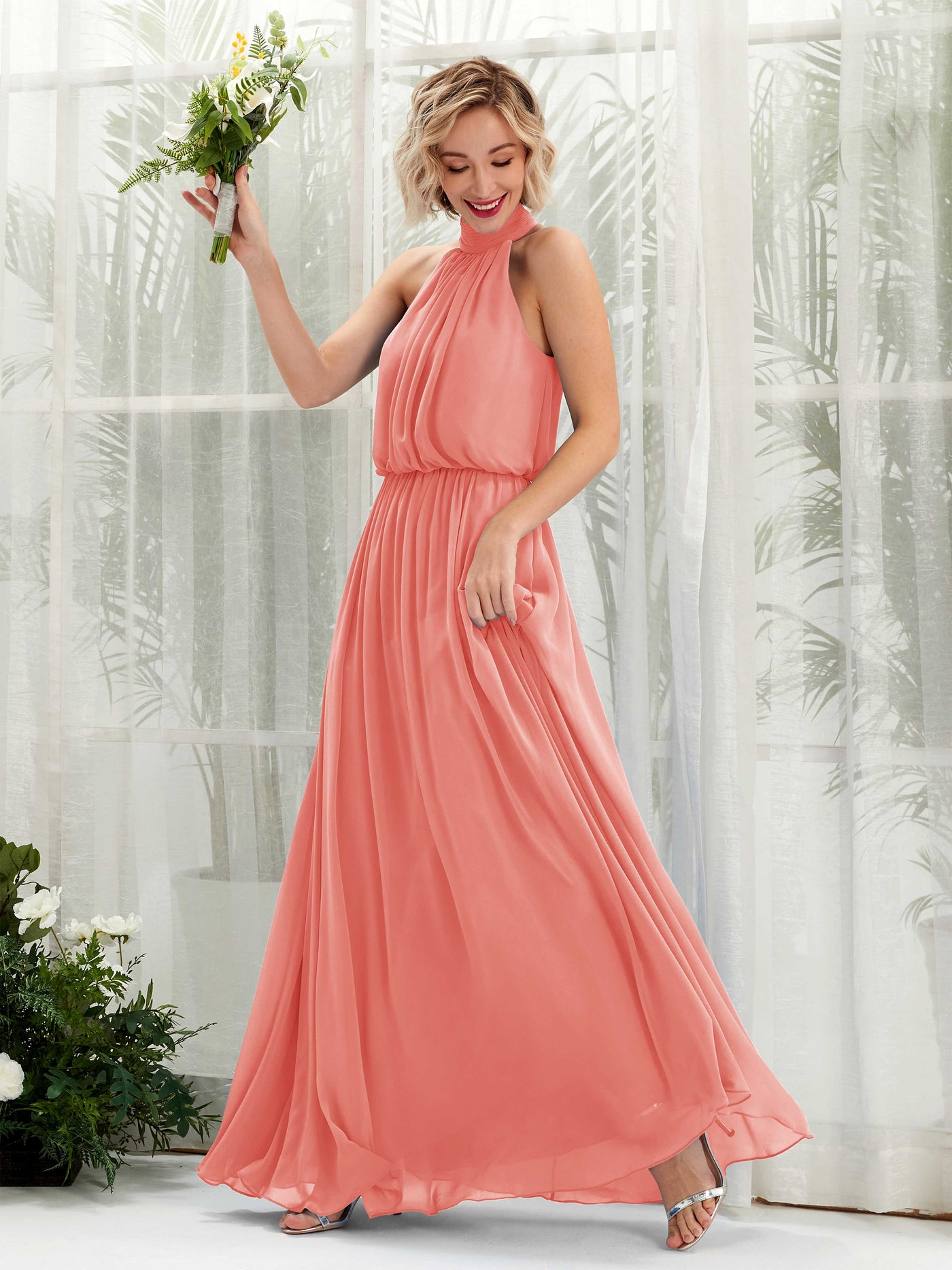 Carlyna Vestido línea A con cuello redondo hasta el suelo de gasa vestidos de dama de honor Rosa Melocotón #color_rosa-melocot-n