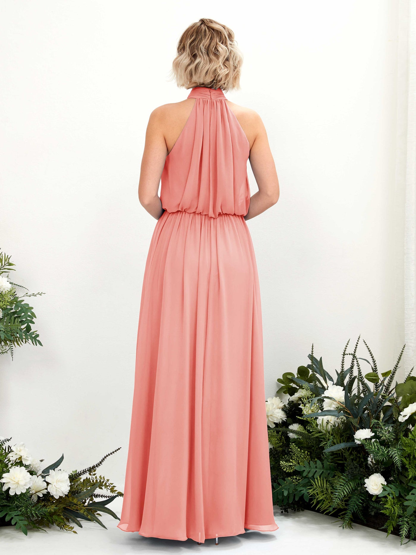 Carlyna Vestido línea A con cuello redondo hasta el suelo de gasa vestidos de dama de honor Rosa Melocotón #color_rosa-melocot-n