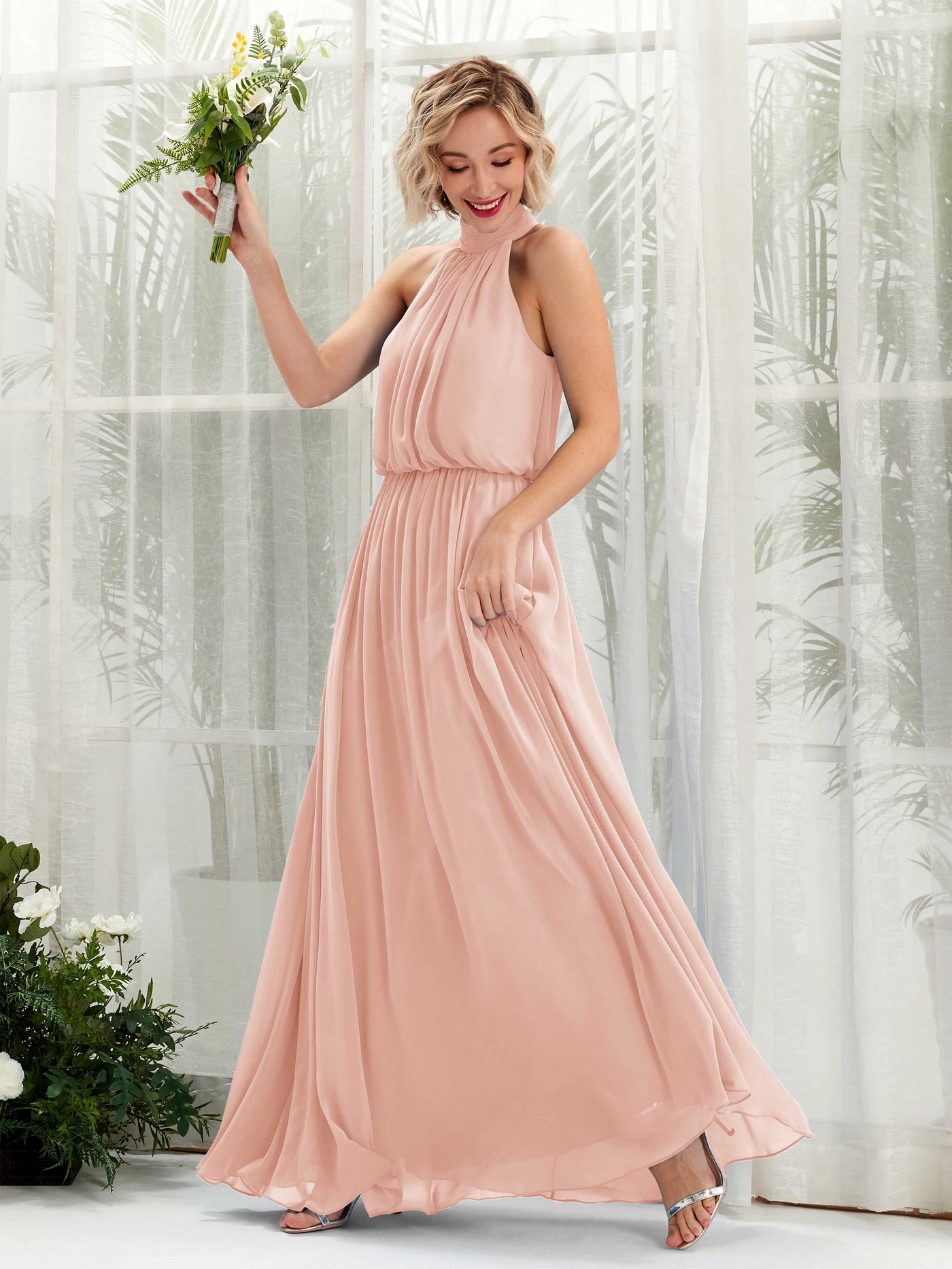 Carlyna Vestido línea A con cuello redondo hasta el suelo de gasa vestidos de dama de honor Rosa Perla #color_rosa-perla