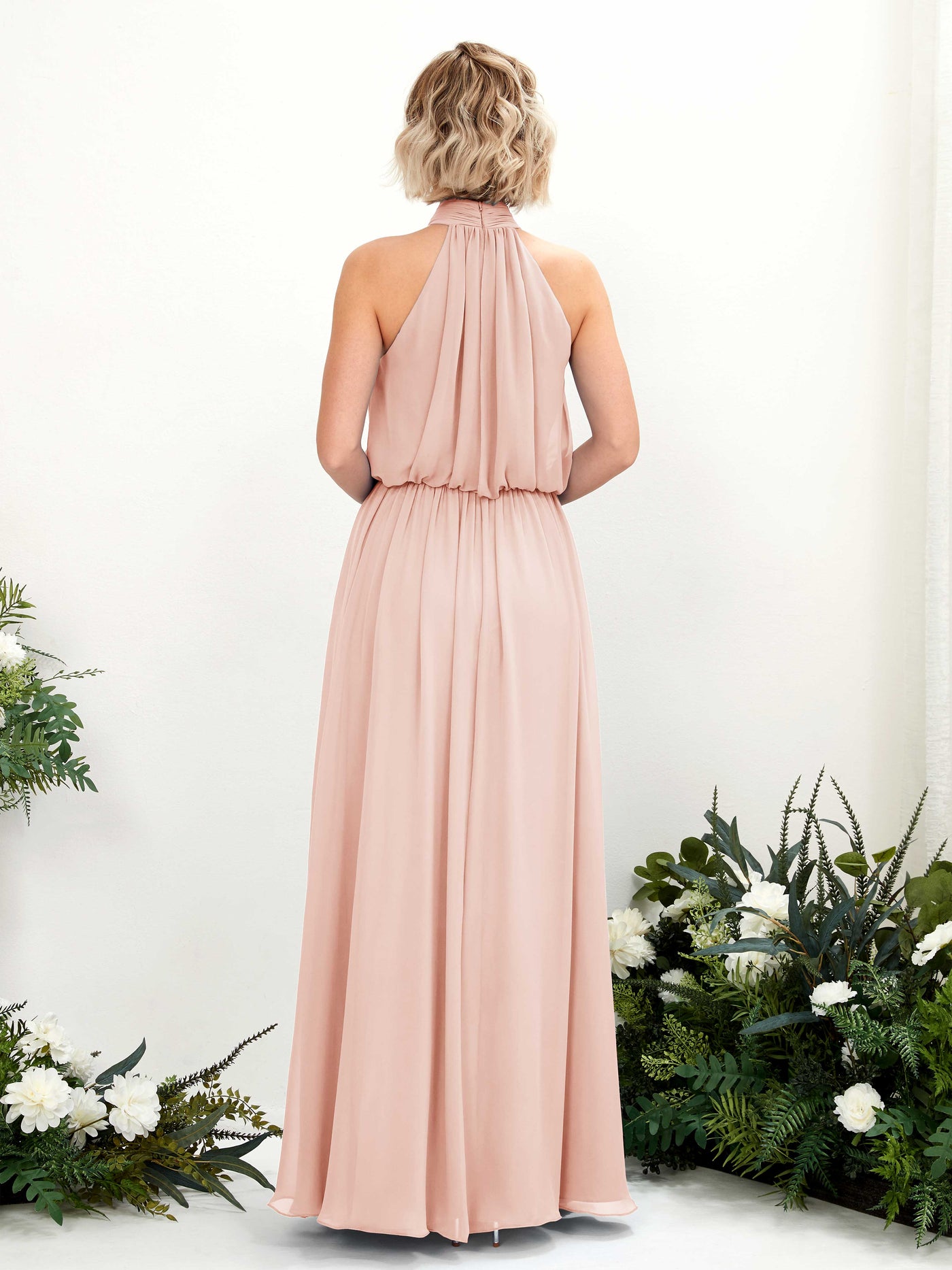 Carlyna Vestido línea A con cuello redondo hasta el suelo de gasa vestidos de dama de honor Rosa Perla #color_rosa-perla
