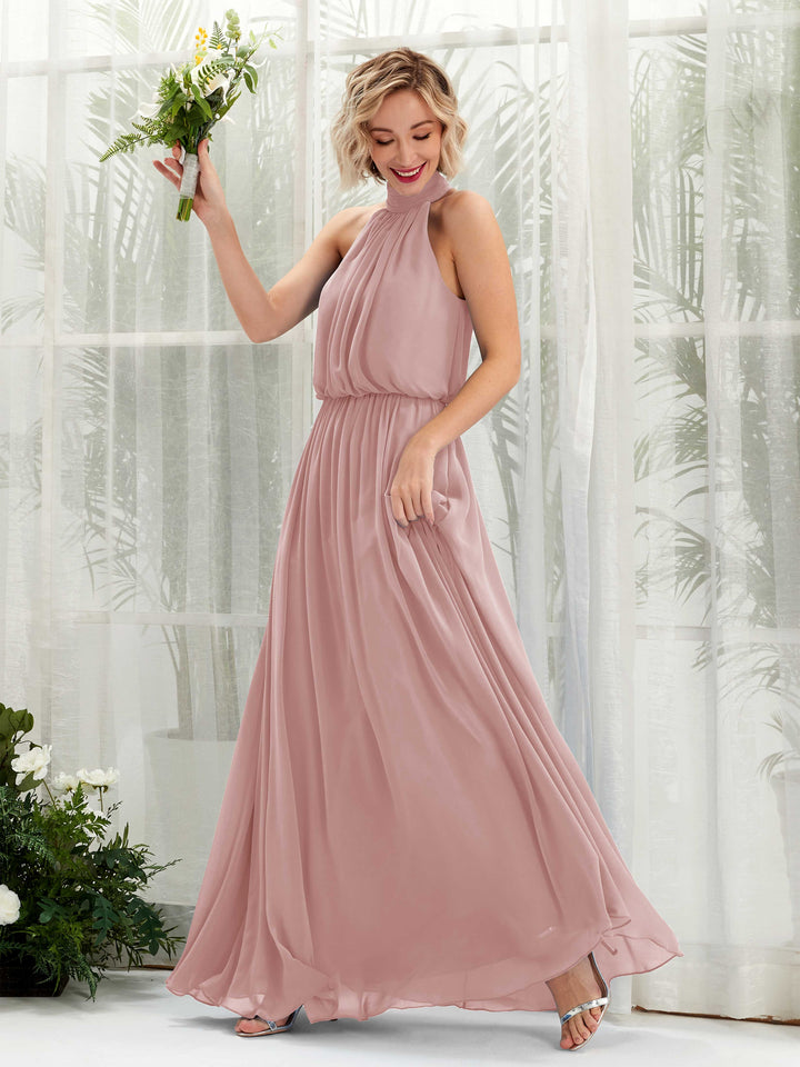 Carlyna Vestido línea A con cuello redondo hasta el suelo de gasa vestidos de dama de honor Rosa Polvorienta 